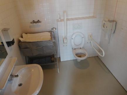 De deur van het rolstoeltoegankelijke toilet is voorzien van een haak voor een jas op een hoogte ca 1,7 m (te hoog voor rolstoelgebruikers).