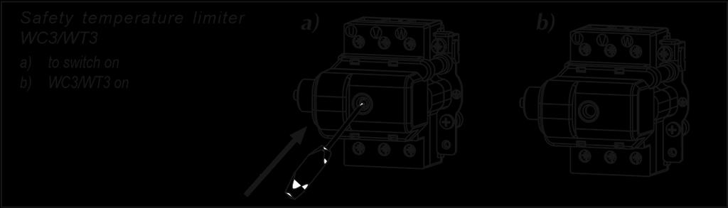 Veiligheids temperatuur begrenzer WC3/WT3 a) Aanzetten b) WC3/WT3 aan Ontluchten 1. Schakel de elektrische voeding naar de doorstromer uit. 2.
