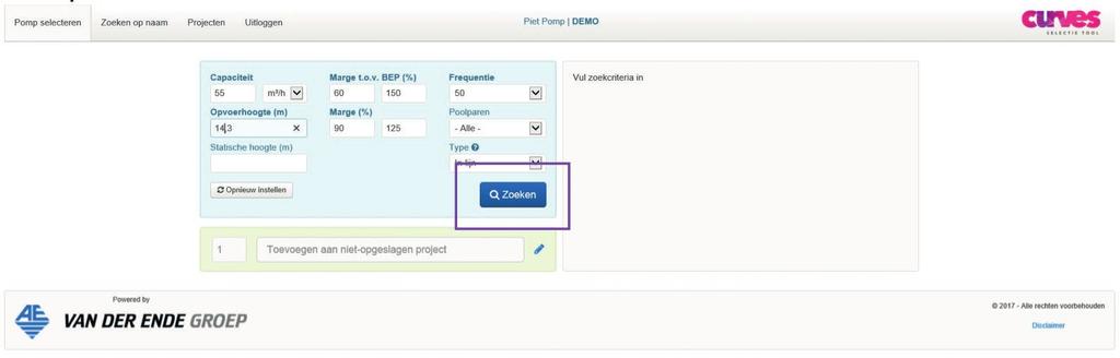 3. Zoeken op gewenst werkpunt 1. Log in op https://curvesselectietool.nl. 2. Vul het gewenste werkpunt in.