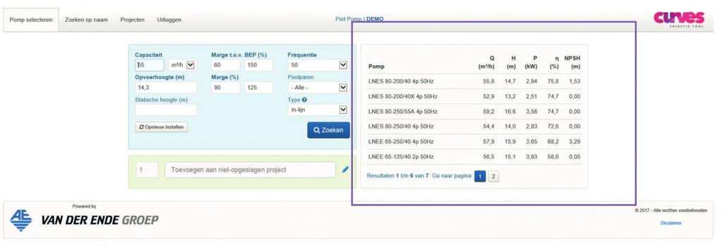 o De capaciteit en opvoerhoogte velden zijn verplicht. De statische hoogte is optioneel. 3. Klik op zoeken 4.