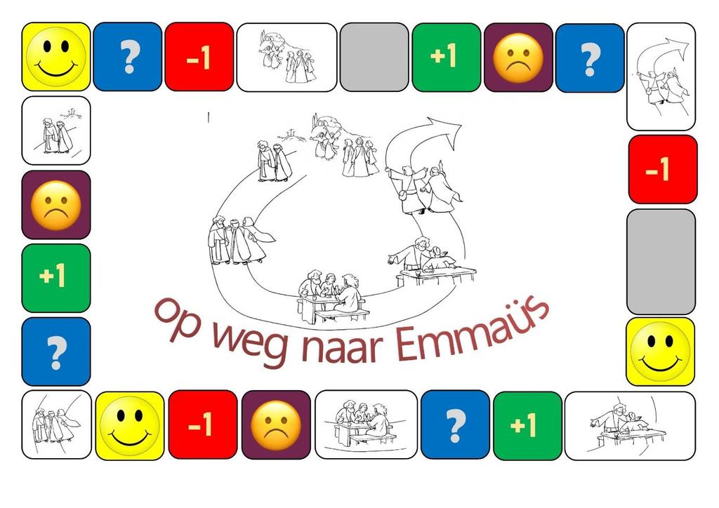 Spel Leg het spelbord klaar met een dobbelsteen, een zandloper op chronometer, de kaartjes, de pionnen. Lees het verhaal zodat iedereen het tenminste een keer gehoord heeft.