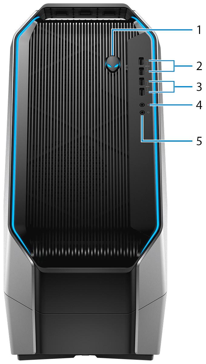 Aanzichten Voorzijde 1 Aan-uitknop (Alienhead) Druk op deze knop om de computer in te schakelen als deze is uitgeschakeld of in de slaapstand staat.