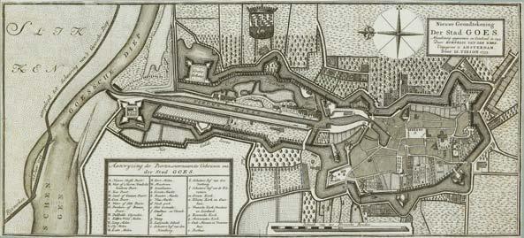 Schanskorf Verbod op het vernielen of beschadigen van beplantingen Deze plattegrond van de stad Goes toont de beplanting van de vestingwallen in 1744.