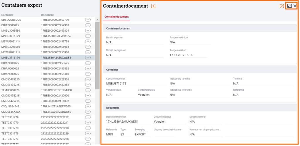 Om de detailinformatie van een combinatie van een document en container of voertuig te raadplegen, klik je op een lijn in het overzicht.