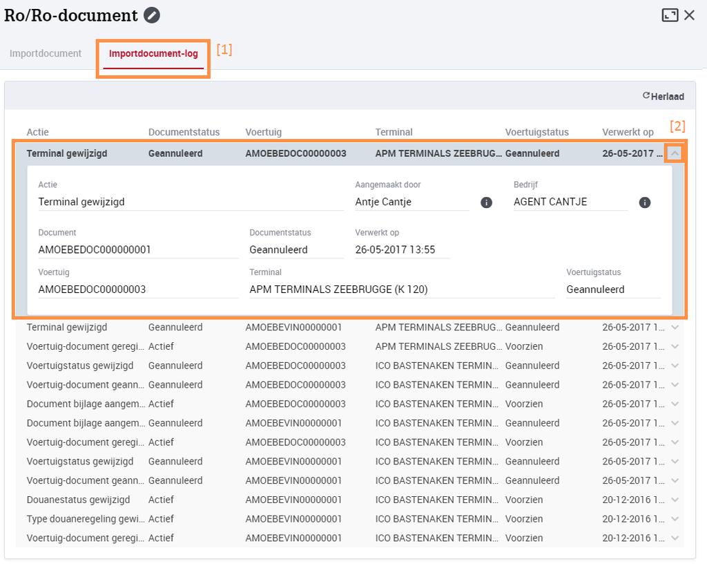 In dit detailscherm kan je raadplegen welke voertuigen werden geregistreerd voor het document en wat de status is van de cargodocs (de combinaties van het document met de voertuigen).