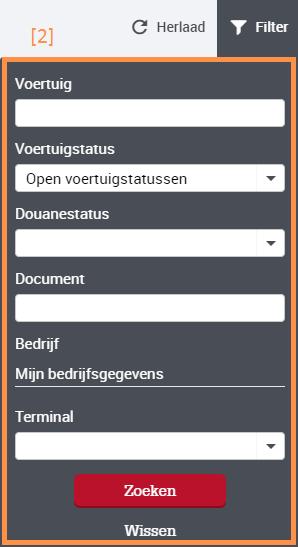 Je kan het overzicht filteren op: VOERTUIG [1]: geef de eerste karakters op van het gezochte voertuignummer VOERTUIGSTATUS [2]. Keuze uit: a.