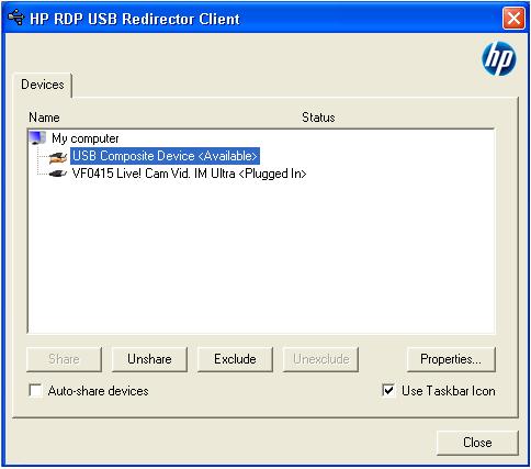 Ga als volgt te werk om USB-apparaten te delen: 1. Open op de thin client het Configuratiescherm en selecteer HP RDP USB Redirector Client.