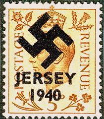 Proefdrukken van nieuwe zegels De Duitse bezetter wilde eerst Britse zegels overdrukken met een Swastika, als test werden eerst een aantal zegels voor Jersey overdrukt met een Swastika en de tekst