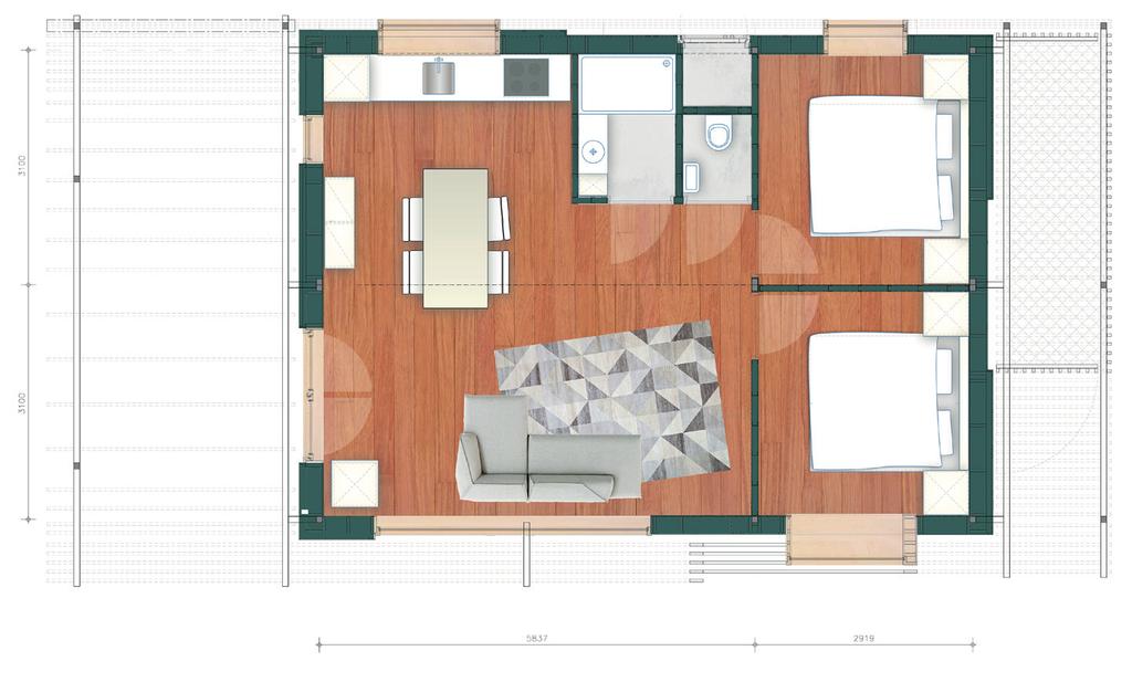 4-persoons 4.ZES is in 2 maten te leveren. Een 4- persoons plattegrond van 64 m² met twee 2-persoons slaapkamers.