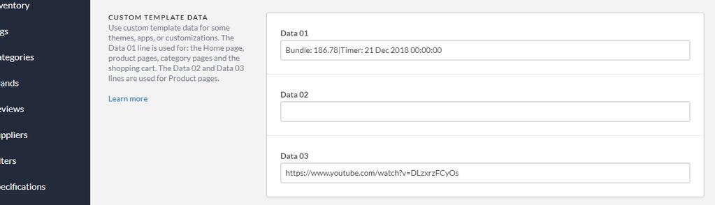 Na het inschakelen van deze instelling ziet u bij het openen van een product in uw backoffice drie nieuwe tekstvelden onderaan: Data 01, Data 02 en Data 03.