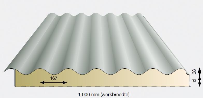 TK - Golfpanelen Type: 38/1000 G Werkende breedte 1000 mm: Hoogte golf: 38 mm Isolatie: Pir-plus Isolatie dikte: 40/78 60/98 80/118 100/138 Afwerking buitenzijde: Staaldikte: 0,55 mm beschermlaag: