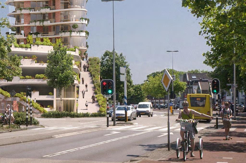 Beleving straatniveau Aanlooproute Vanuit verschillende delen van de stad loop je makkelijk het gebouw op en zijn deze aanlooproutes van ver te zien.