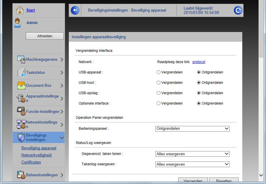 Het apparaat installeren en configureren > Embedded Web Server RX 2 Configureer de beveiligingsinstellingen.