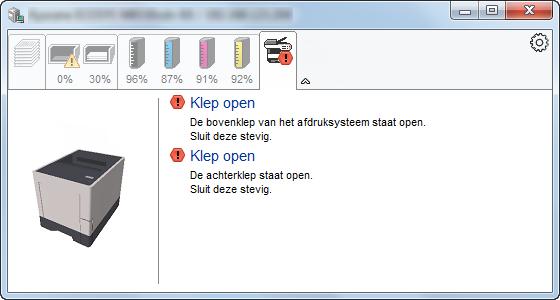 Afdrukken vanaf PC > Status Monitor Tabblad waarschuwing Als een fout optreedt, wordt een bericht weergegeven met een 3D-beeldweergave en een bericht.