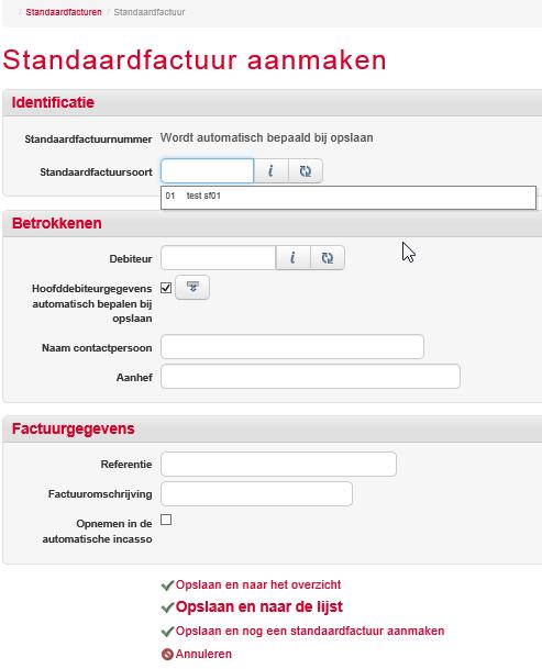 7.6.1 Aanmaken nieuwe standaardfactuur Klik Aanmaken. Voer de Identificatie gegevens in. Standaardfactuurnummer: Opmerking Het standaardfactuurnummer wordt voor alle dagboeken automatisch opgehoogd.