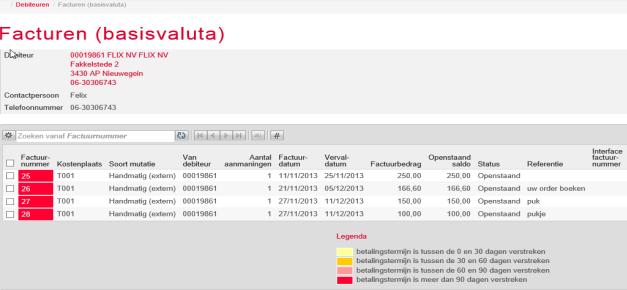 7.1.2 Bekijken Facturen onder debiteuren Hier is het mogelijk om inzicht te verkrijgen in de openstaande posten bij een debiteur, ofwel in de facturen die nog door een debiteur moeten worden betaald.