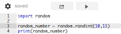 We kunnen nu een random getal (0, 1, 2,, enz.), ook wel integer genoemd, krijgen door de volgende code: random.randint(min,max) waarbij je een minimale en maximale waarde meegeeft.