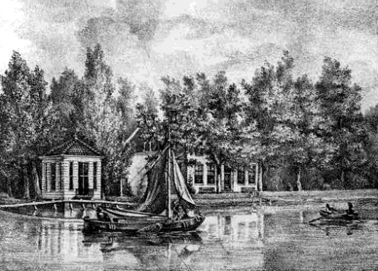 Gravure van P. J. Lutgers uit 1836 van het huis Kalorama te Loenen aan de Vecht. Zo moet het eruit gezien hebben toen de familie Pen-van der Hucht er woonde in de periode van circa 1839 tot 1845.