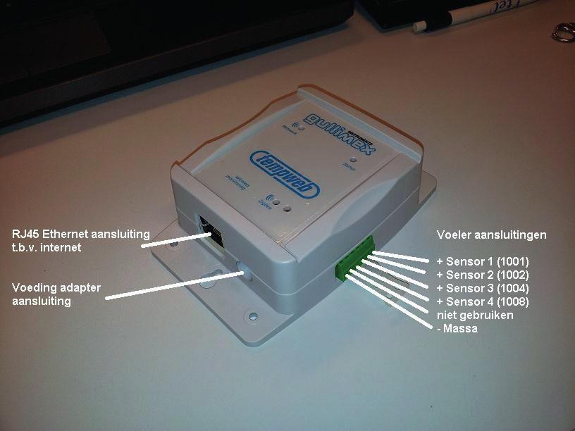 2 Internet coördinator G10/G11 Op de Coördinator moeten de volgende dingen worden aangesloten: Een Ethernet kabel voor het internet Een voeding adapter voor de voedingsspanning Eventueel 1 voeler of