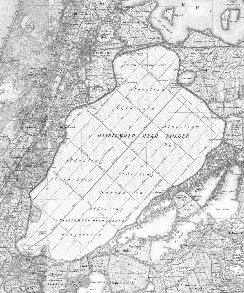 Haarlemmermeerpolder Provincie Noord-Holland Uitsnede historische kaart 1850 (Topotijdreis) Uitsnede hoogtekaart (Actueel Hoogtebestand Nederland) ONTSTAANSGESCHIEDENIS Net als elders in