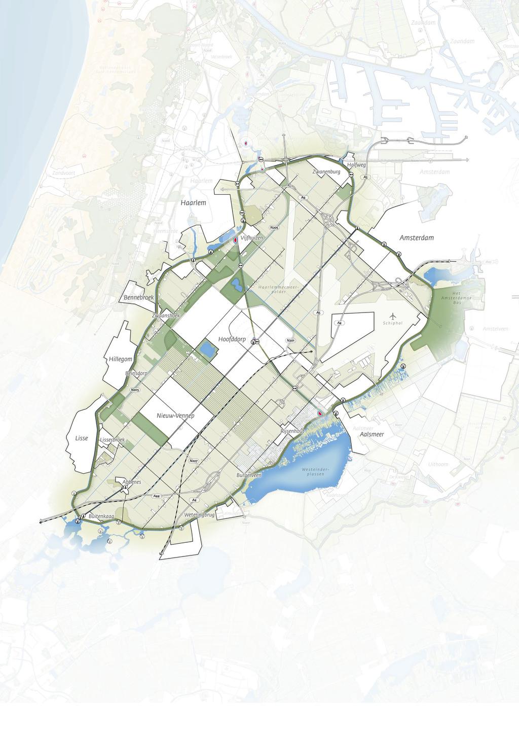 Haarlemmermeerpolder Provincie Noord-Holland 5 OVERZICHTSKAART HAARLEMMERMEERPOLDER Droogmakerijenlandschap met verkavelingsrichting Veenbovenland Stads-/dorpsrand Erven aan de weg Molen met