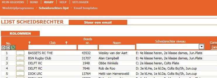Ga via Rugby naar Scheidsrechterslijst Je ziet dan het overzicht