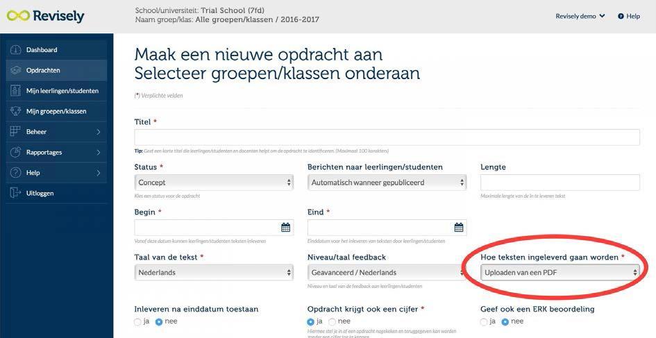 door een PDF te uploaden. Dit geef je bij instellingen van de opdracht aan, zie hiervoor de afbeelding hieronder. Het is aan te raden om studenten teksten via PDF te laten inleveren.