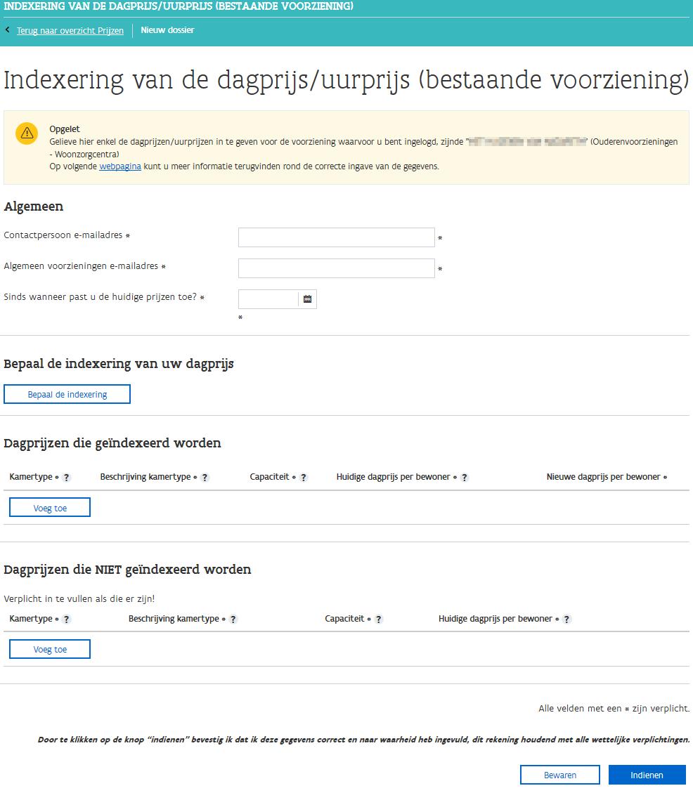 5.4.3 Indexering van de dagprijs (bestaande voorziening) Als u klikt op de link Indexering van de dagprijs (bestaande voorziening) komt volgend scherm tevoorschijn: Figuur 15: scherm start dossier