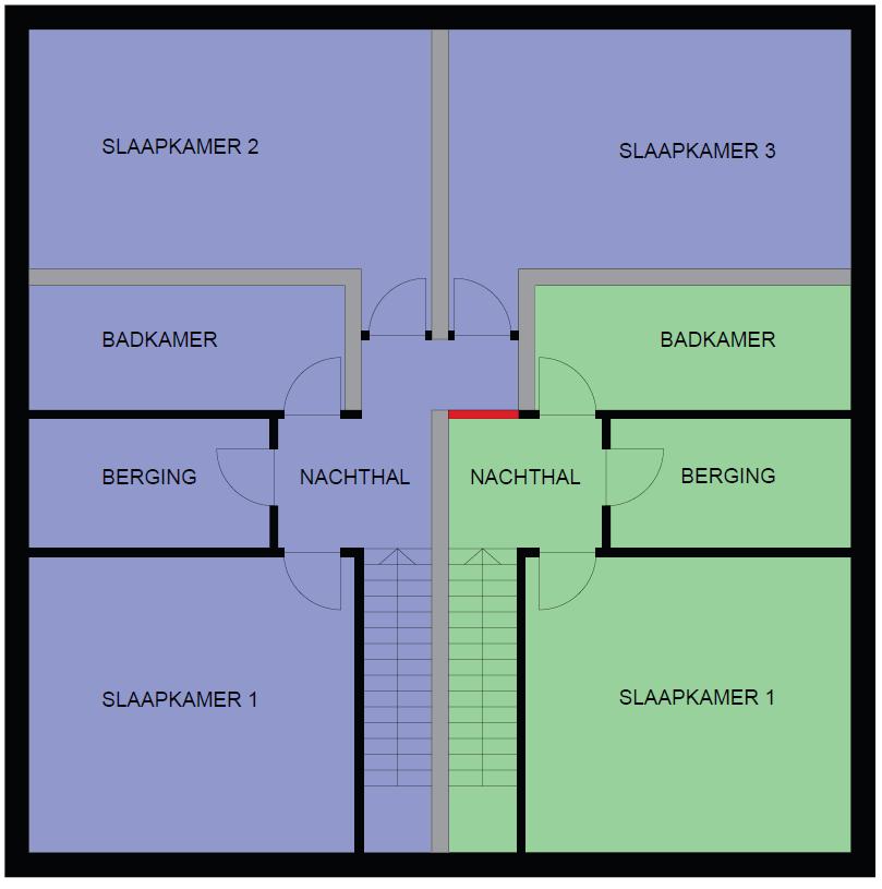 Werken met een verplaatsbare wand De verplaatsbare wand (in het rood) staat in het midden tussen de twee woningen.