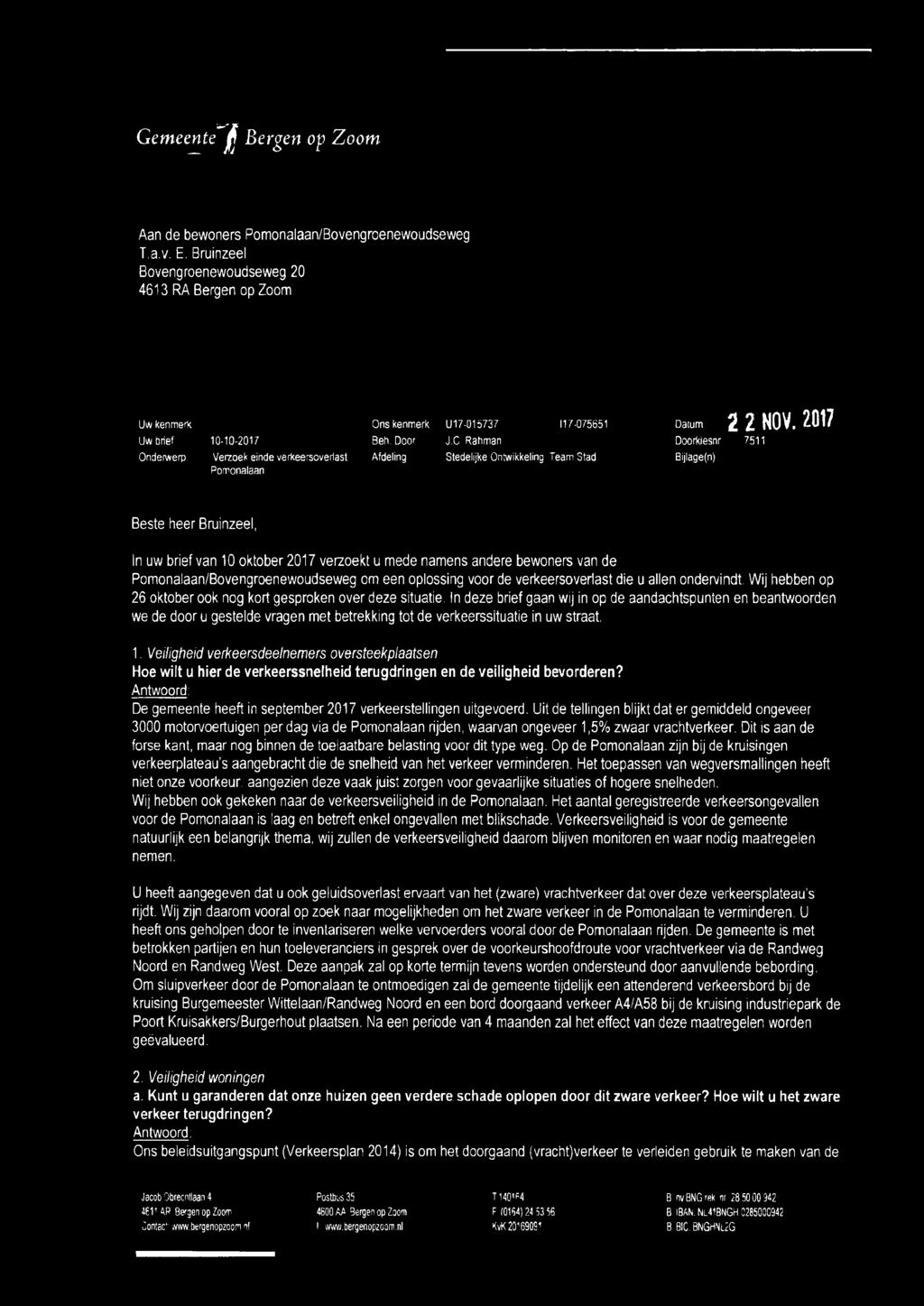 C Rahman Doorkiesnr Afdeling Stedelijke Ontwikkeling Team Stad Bijlage(n) 2 2 NOV.