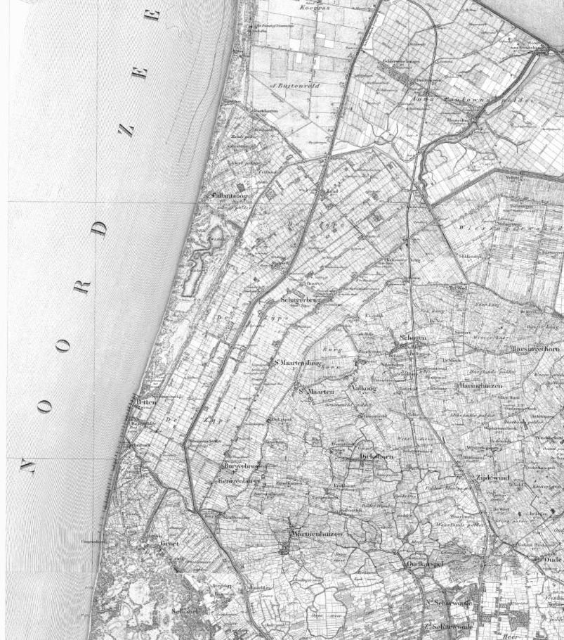 Zijpe- en Hazepolder Provincie Noord-Holland 3 Uitsnede historische kaart 1850 (Topotijdreis) Uitsnede hoogtekaart (Actueel Hoogtebestand Nederland) ONTSTAANSGESCHIEDENIS De strandwallen die in