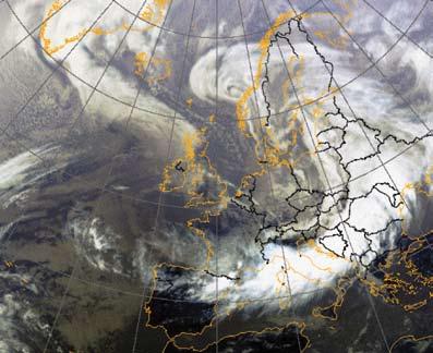 VERSLAG VAN DE STORMVLOED van 1 maart 2008 (SR89) Satellietopname van de storm op 1 maart 2008 om 14h00 Bron DNMI Ministerie van Verkeer en