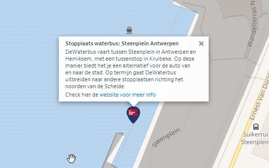 In de pop-up staan meer details over timing en aard van manifestatie. De Waterbus: deze boot vaart tussen Steenplein in Antwerpen en Hemiksem, met een tussenstop in Kruibeke.