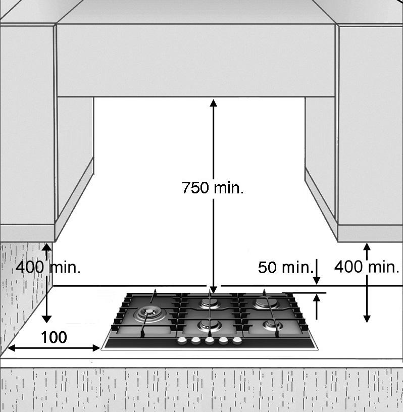 Openingen Afzuigkap en Keukenkasten (mm) Indien u boven het kookelement een afzuigkap wenst te installeren, raadpleeg de handleiding voor de installatie van de afzuigkap om de correcte hoogte van de