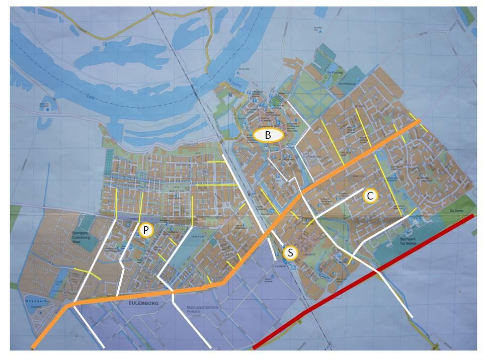 Rood: N320 Oranje: centrale as Weidsteeg Weth Schoutenweg Wit: 50 km gebiedsontsluitingswegen Geel: 30 km wijkontsluitingswegen (verblijfsgebieden) Buurtwinkelcentrum Parijsch (P), Chopin (C),