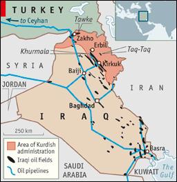 Fig.2: Olievelden en pijpleidingen in Irak.