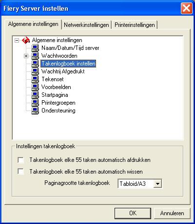 datum waarop de taak is afgedrukt, het aantal pagina s en andere taakinformatie. Takenlogboek elke 55 taken autom. wissen Geef aan of de Fiery EX2101 het takenlogboek na elke 55 taken moet wissen.