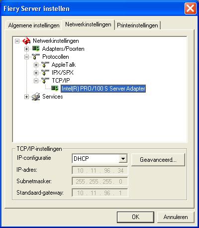 5-14 De Fiery EX2101 instellen vanaf een Windows- computer TCP/IP TCP/IP-instellingen opgeven. De huidige instellingen voor IP-adres, subnetmasker en standaardgateway-adres worden weergegeven.