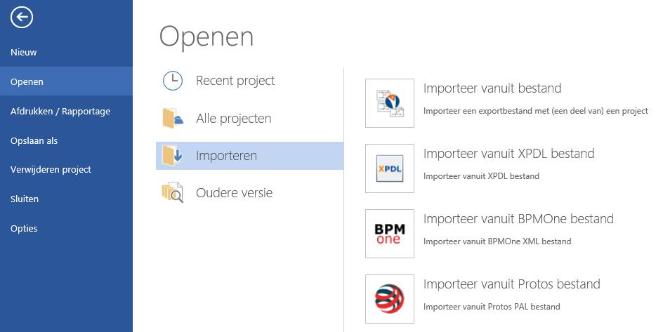 162 9 Engage Process Modeler Handleiding Importeren Op dit moment kunt u de volgende formaten importeren in Engage Process Modeler: EMPZ of EMDZ bestand in het Engage Process native format XPDL