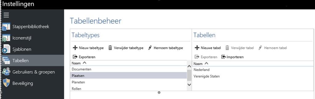 192 14 Engage Process Modeler Handleiding Centrale tabellen Elk Engage Process project heeft een standaardmap Tabellen die Rollen, Documenten en Eigen types bevat.