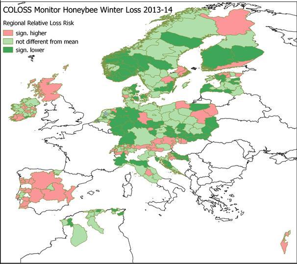 Figuur 3. Relatieve wintersterfte 2013-2014 zoals geregistreerd in 21 landen(www.coloss.org). Nederland als geheel Het grootste deel van Nederland (en De 1.