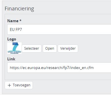 Actie Financiering / Funding Als er een beurs is gebruikt voor de financiering, dan kan deze toegevoegd worden door op de knop Toevoegen te klikken. Vul de naam in van de organisatie of beurs.