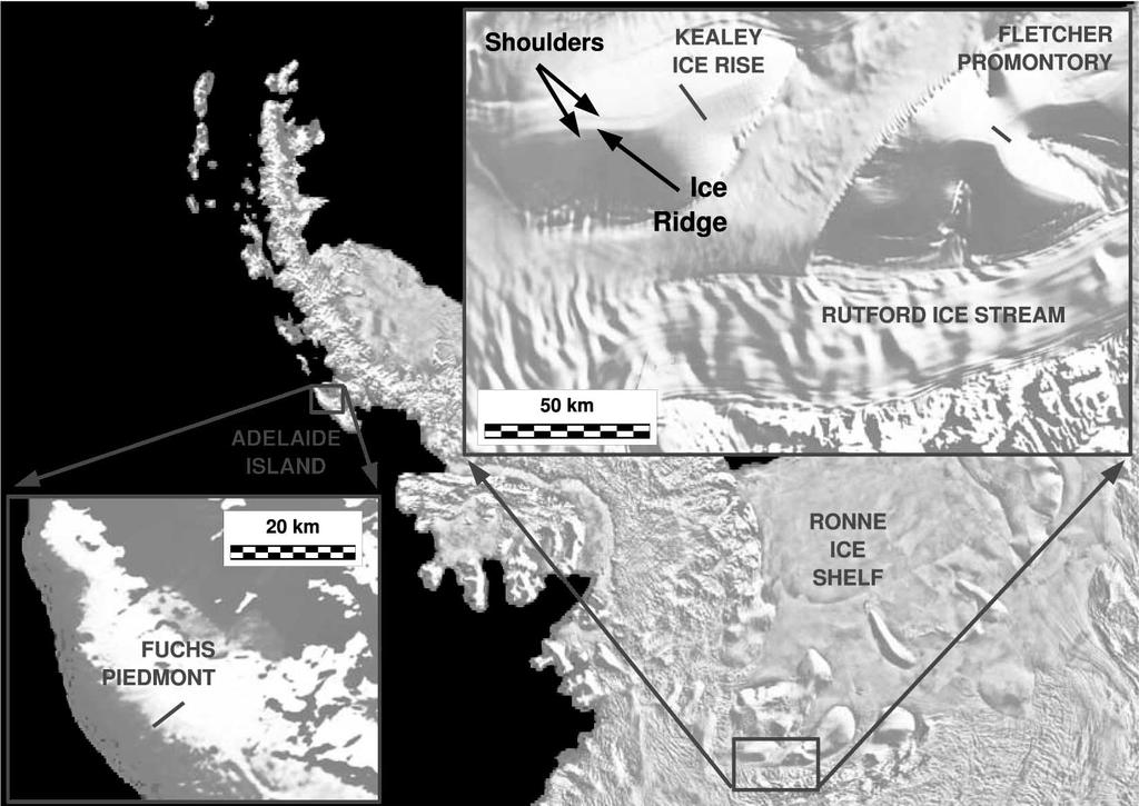 5.1. FENOMENOLOGIE 55 Figuur 5.4: Satellietopname van West Antarctica, met vergrotingen van drie sub-ijskappen waarin Raymond bumps worden gevonden.