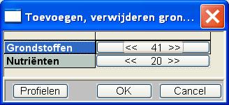 Opent selectiescherm om grondstoffen en nutriënten te verwijderen of toe te voegen. Formule naar productie sturen. De ingestelde opties kunnen in een profiel bewaard worden.