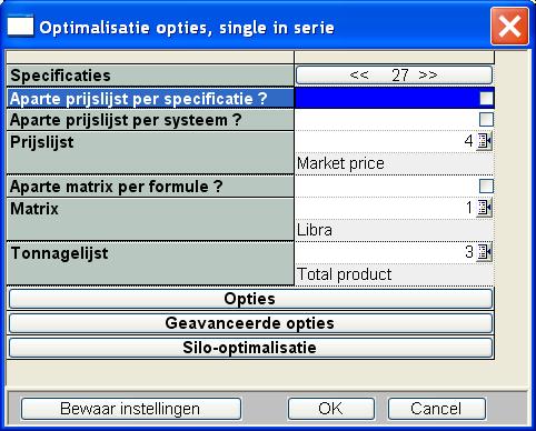 In het scherm Optimalisatie opties: de knop «Bewaar instellingen» laat toe de verschillende instellingen per optimalisatietype te bewaren alsook de lay-out