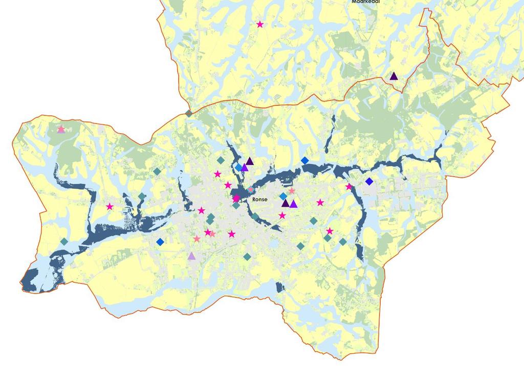 Kaart 27: Overstromingsgevoelige gebieden 2017 in combinatie met kwetsbare groepen - Ronse - Bron: Geopunt Ronse In effectief overstromingsgevoelig gebied zijn gelegen (hoog risico): Vrije