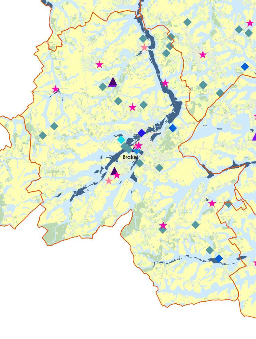 Kaart 29: Overstromingsgevoelige gebieden 2017 in combinatie met kwetsbare groepen - Brakel - Bron: Geopunt Brakel In effectief overstromingsgevoelig gebied zijn gelegen (hoog risico):