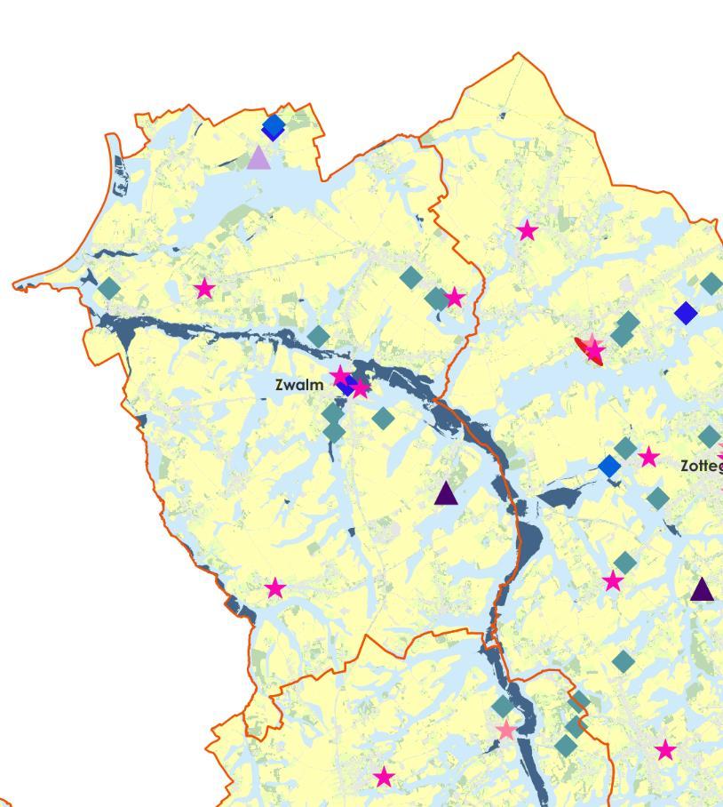 Kaart 30: Overstromingsgevoelige gebieden 2017 in combinatie met kwetsbare groepen - Zwalm - Bron: Geopunt Zwalm In effectief overstromingsgevoelig gebied zijn gelegen (hoog
