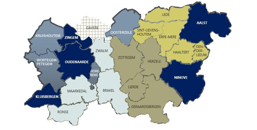 I.2 De regio Zuid-Oost-Vlaanderen De regio van de 13 betrokken steden en gemeenten is gelegen in het zuiden van de provincie Oost-Vlaanderen, in de Vlaamse Ardennen en de Denderstreek, het