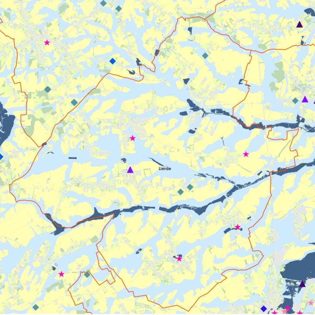 Kaart 32: Overstromingsgevoelige gebieden 2017 in combinatie met kwetsbare groepen - Lierde - Bron: Geopunt Lierde In mogelijk